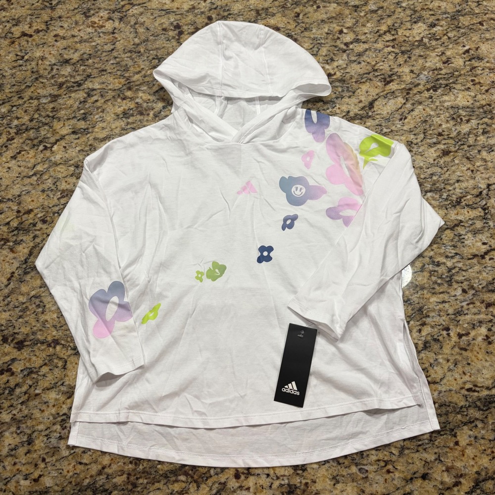Adidas Girls White Floral Graphic Hooded Long Sleeve T-Shirt Size S 7-8 ws